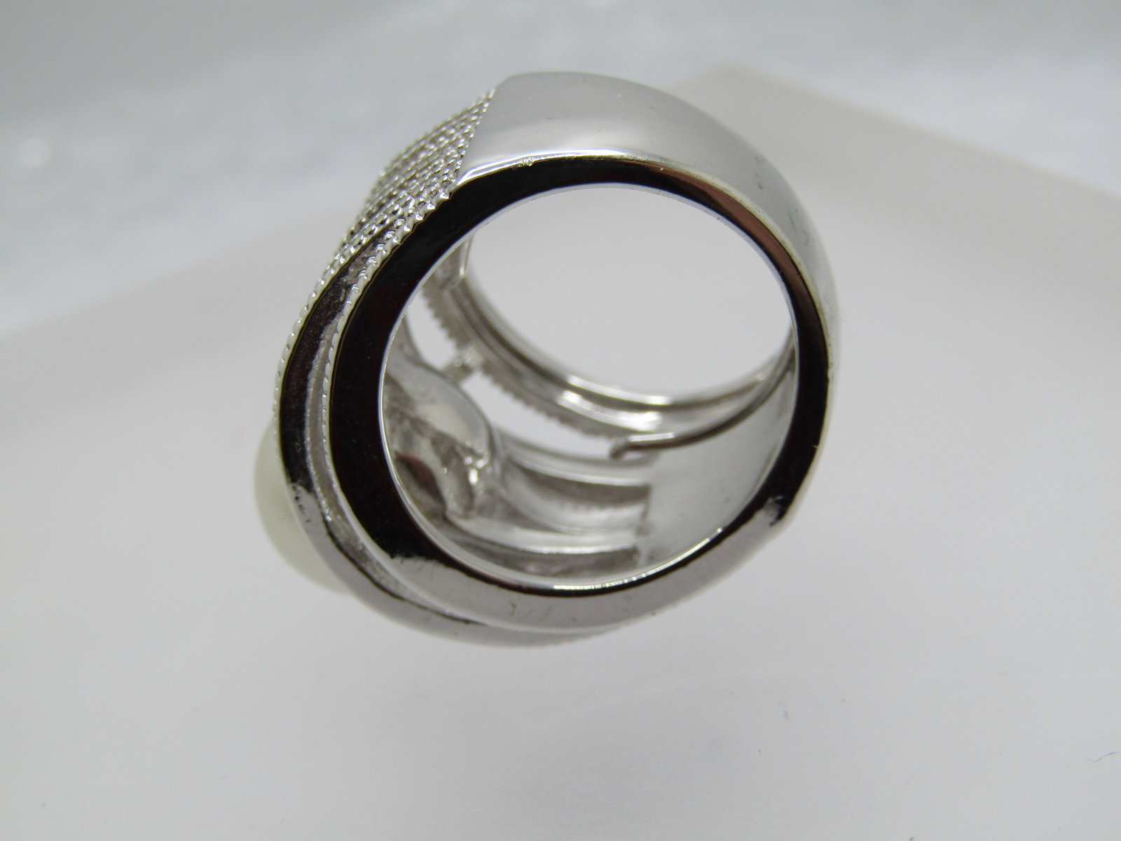 Silver Tone Faux Pearl Statement Ring, Sz. 5-7, Clear Stones, Signed - 6