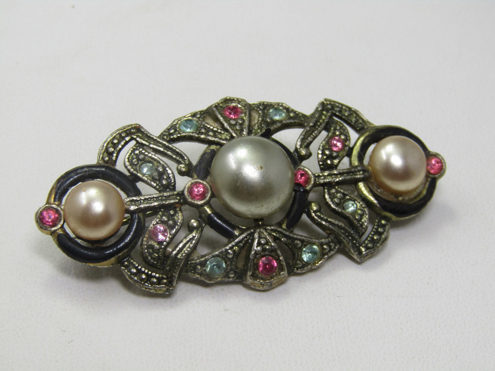 Vintage Faux Pearl and Rhinestone Brooch, C-Clasp, 1930's - 2