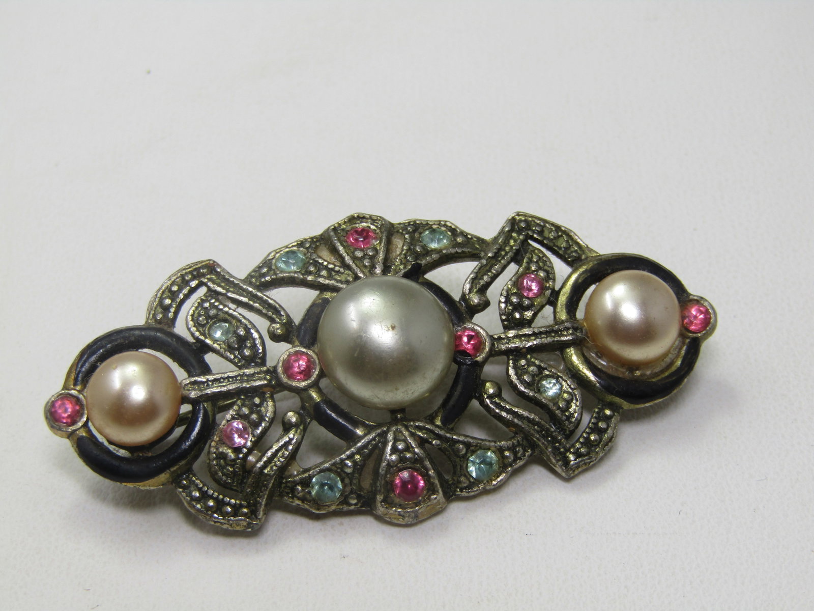 Vintage Faux Pearl and Rhinestone Brooch, C-Clasp, 1930's - 3