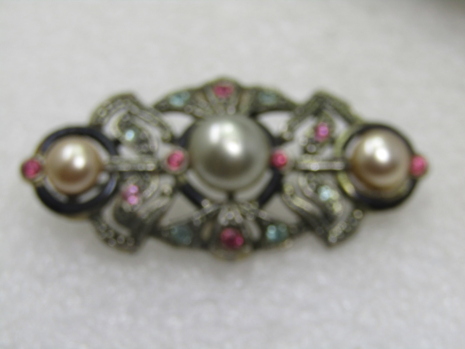 Vintage Faux Pearl and Rhinestone Brooch, C-Clasp, 1930's - 5
