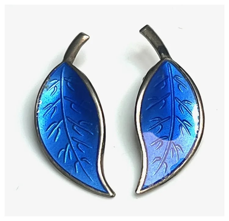 Vintage Sterling Silver David Anderson Norway Sterling Silver Enamel Blue Leaf Clip Earrings - 2
