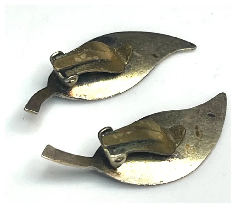 Vintage Sterling Silver David Anderson Norway Sterling Silver Enamel Blue Leaf Clip Earrings - 4