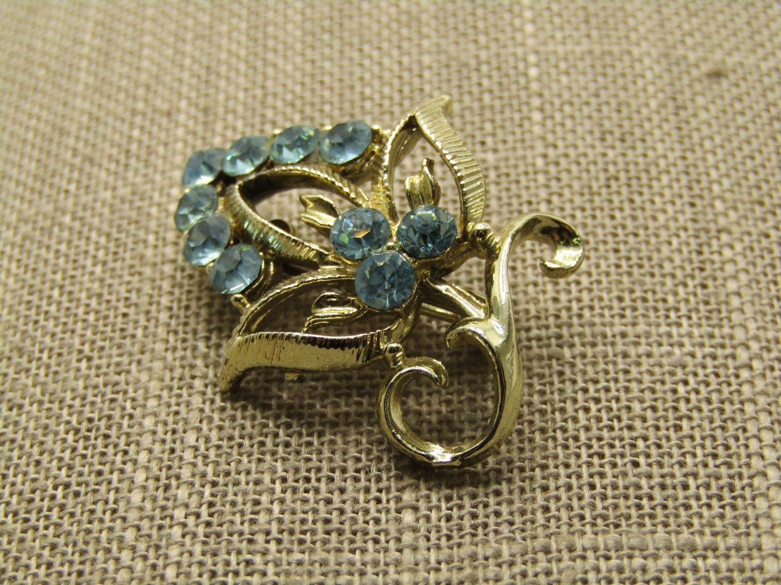 Vintage Aqua Rhinestone Leaf Brooch, 1960's - 3