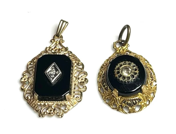 Victorian 14k GF Pendant with Diamond Center and Onyx Charm - 2