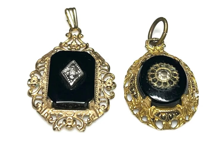 Victorian 14k GF Pendant with Diamond Center and Onyx Charm - 3