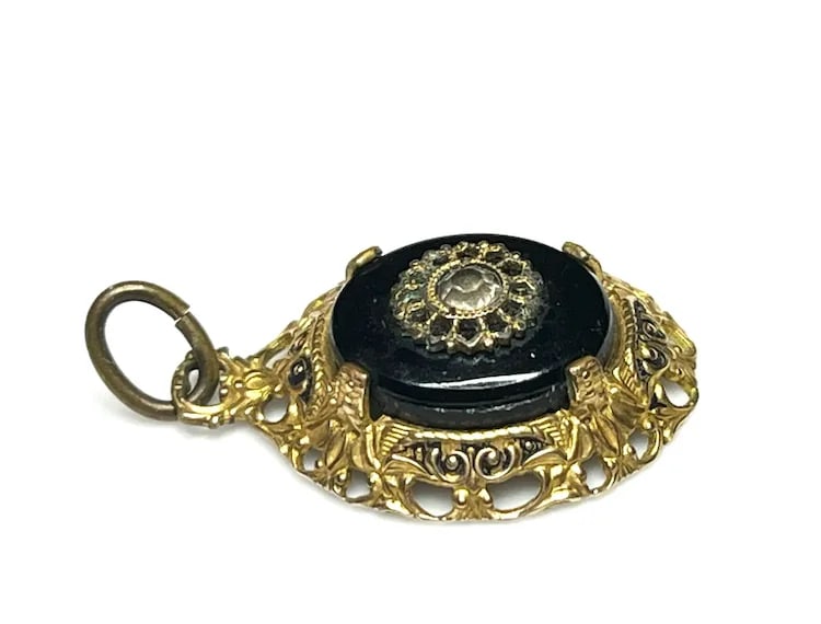 Victorian 14k GF Pendant with Diamond Center and Onyx Charm - 4