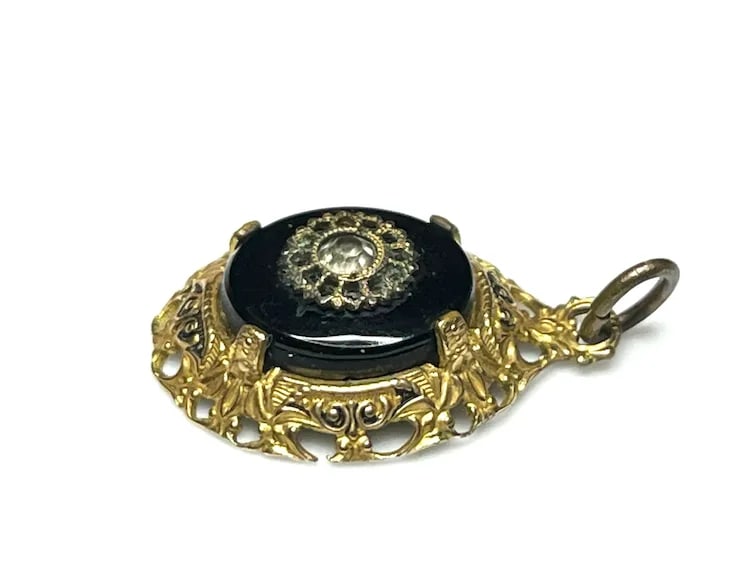 Victorian 14k GF Pendant with Diamond Center and Onyx Charm - 5