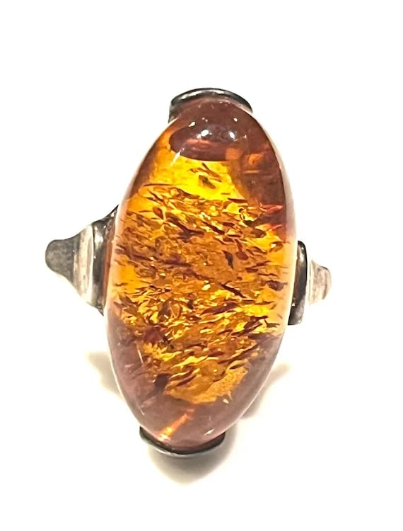 Vintage Sterling Silver Amber Ring - 2