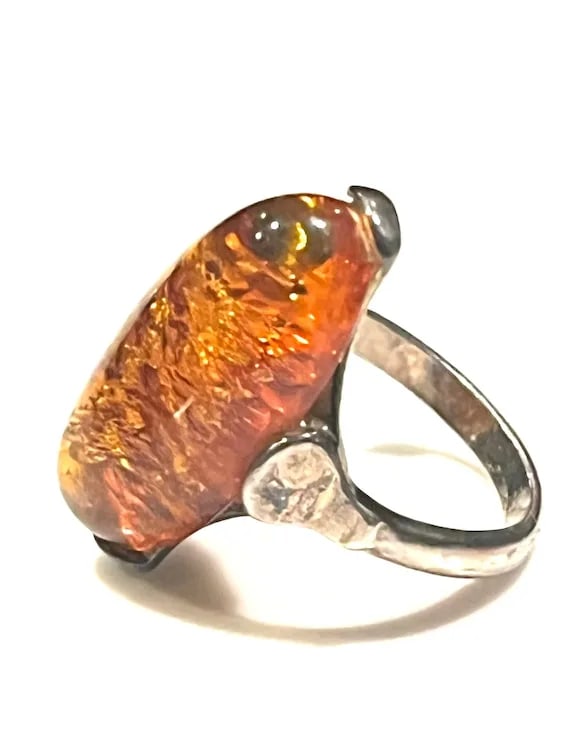 Vintage Sterling Silver Amber Ring - 3
