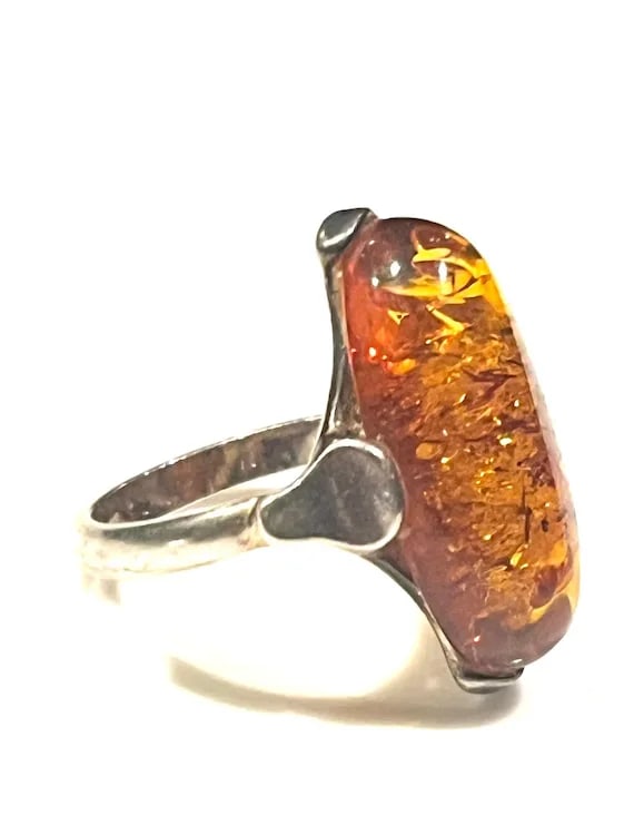 Vintage Sterling Silver Amber Ring - 4