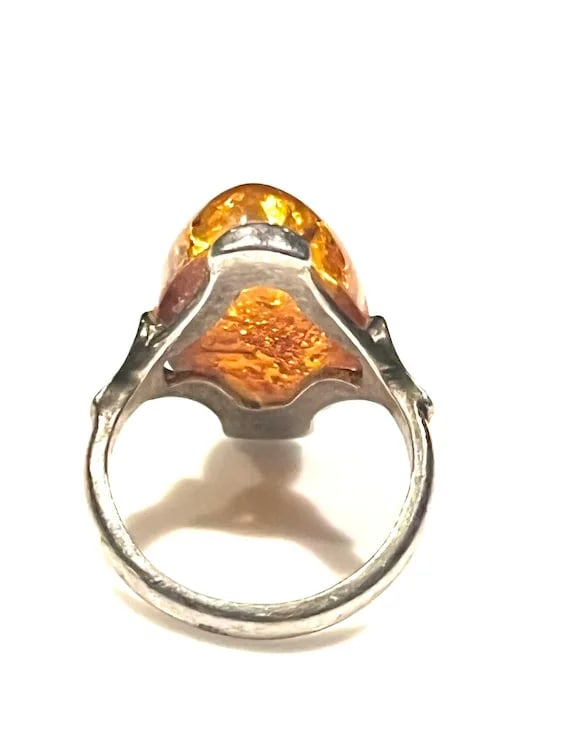 Vintage Sterling Silver Amber Ring - 5