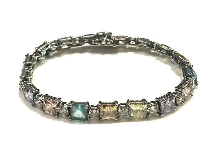 Vintage Colorful Sterling Silver Tennis Bracelet - 3