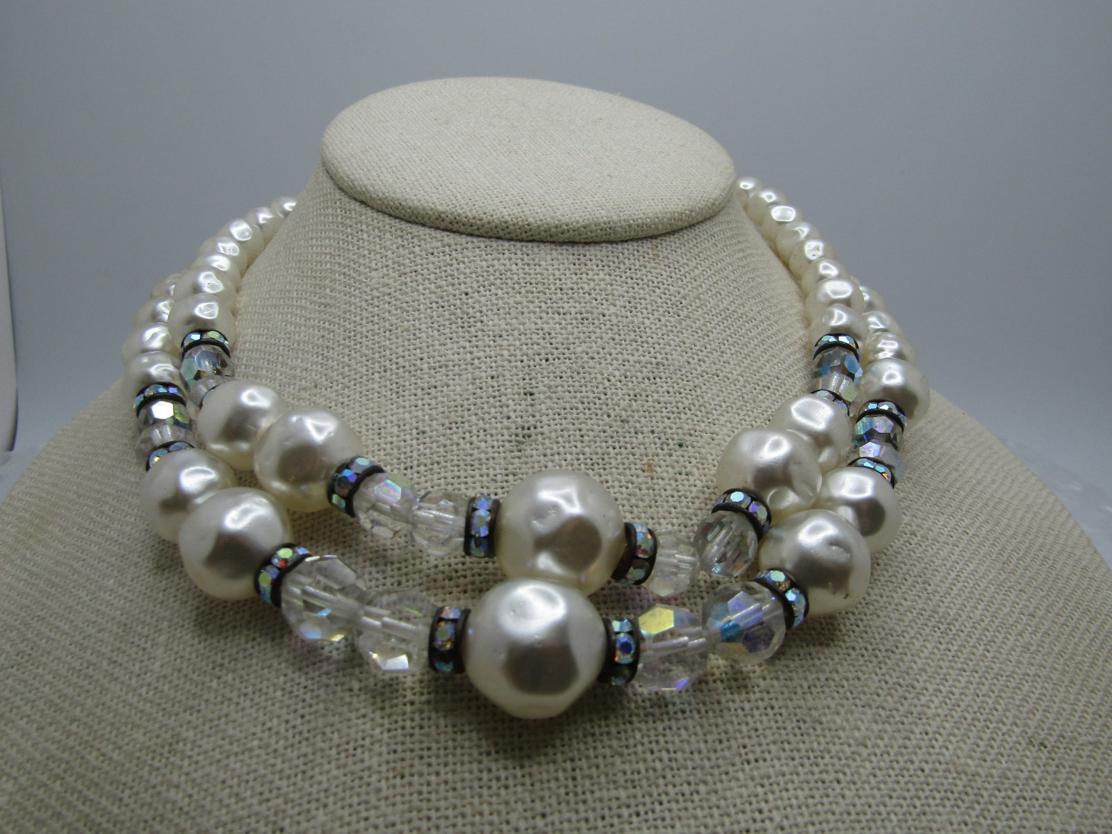 Vintage Double Strand Faux Pearl and Crystal Beaded Necklace, 17.5" - 2