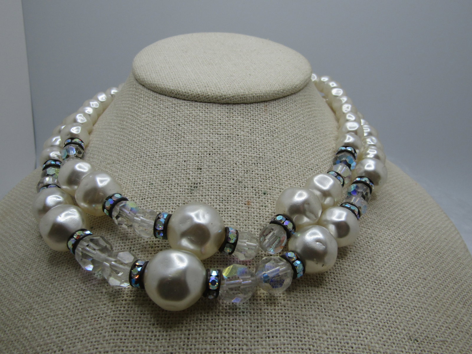 Vintage Double Strand Faux Pearl and Crystal Beaded Necklace, 17.5" - 3