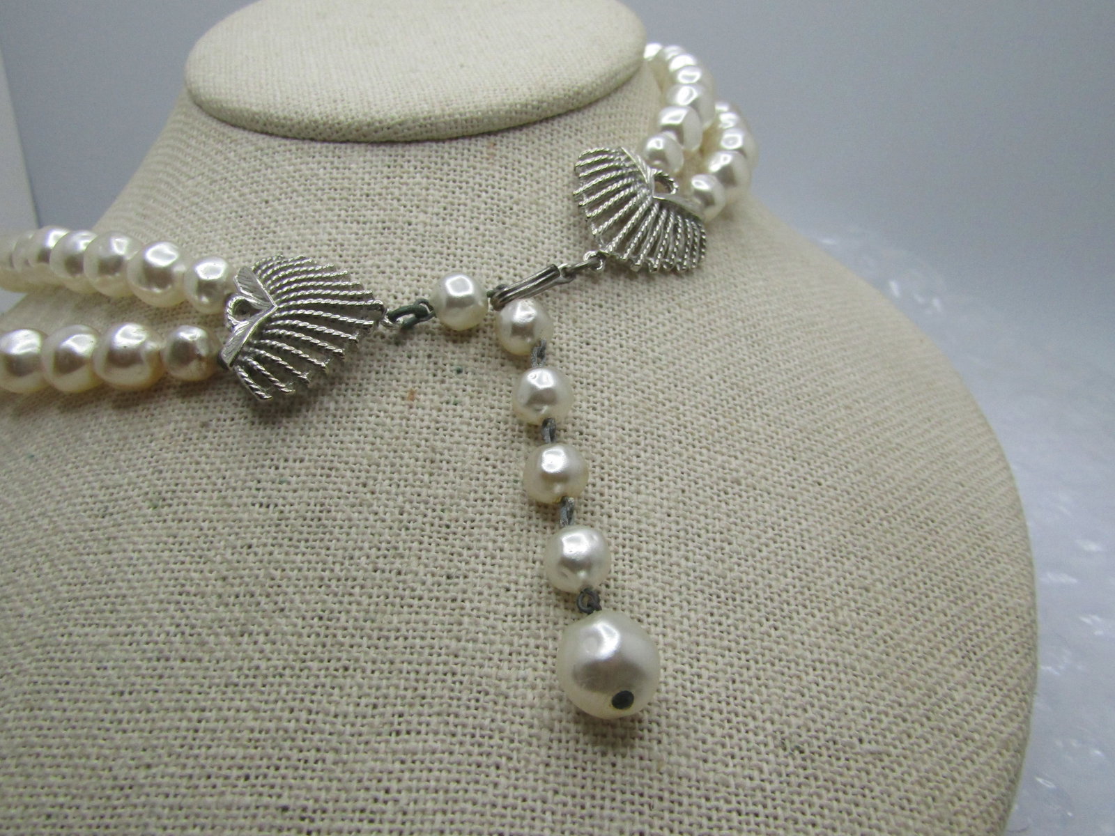 Vintage Double Strand Faux Pearl and Crystal Beaded Necklace, 17.5" - 4
