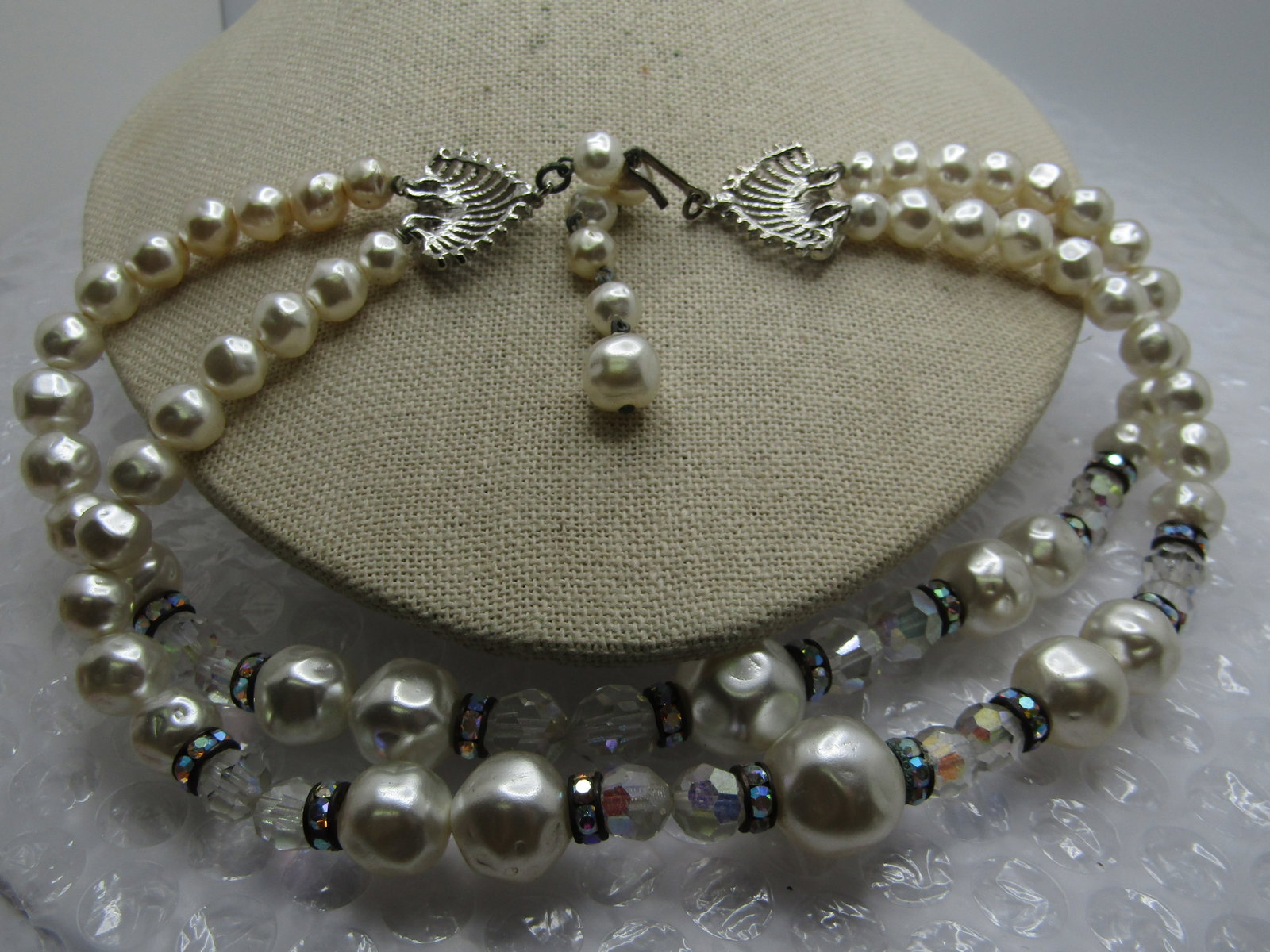 Vintage Double Strand Faux Pearl and Crystal Beaded Necklace, 17.5" - 5