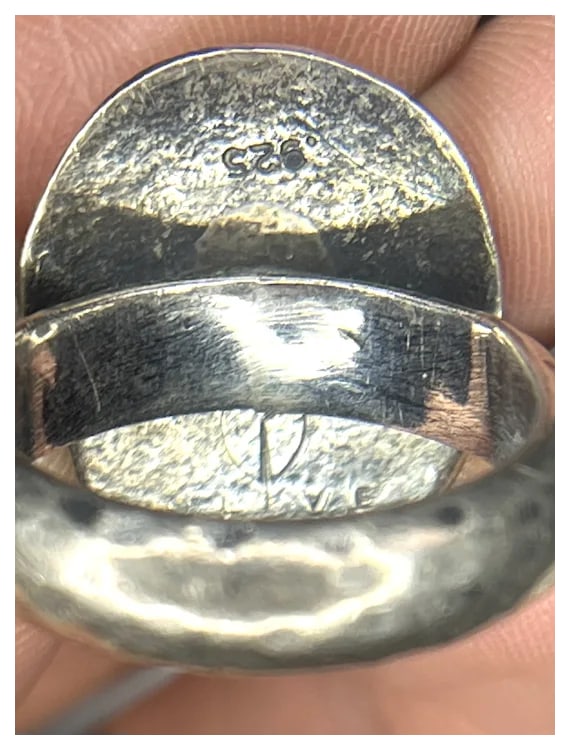 Vintage Olive Bungalow Sterling Silver Turquoise Hand Hammered Ring - 5