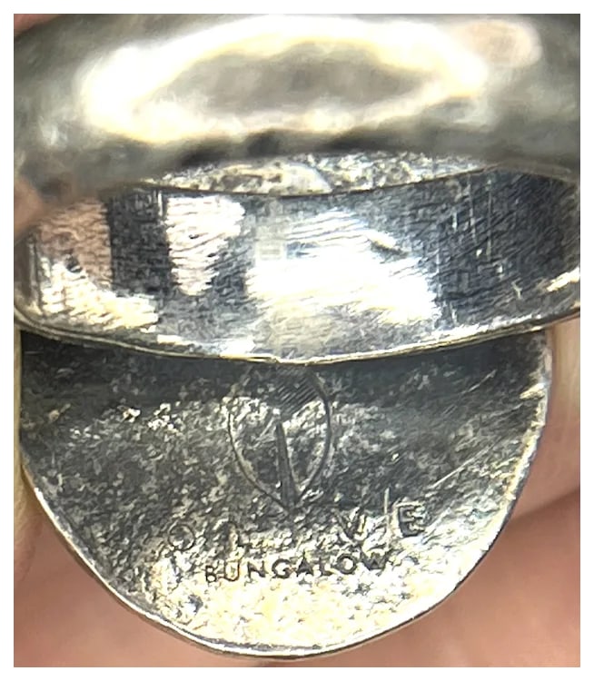 Vintage Olive Bungalow Sterling Silver Turquoise Hand Hammered Ring - 6