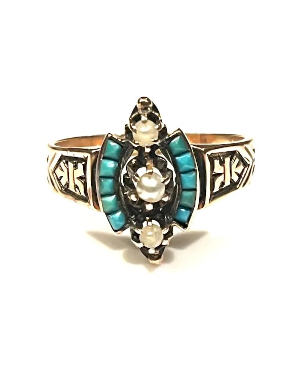 Antique Victorian 14k Rose Gold Seed Peal and Turquoise Statement Ring - 2