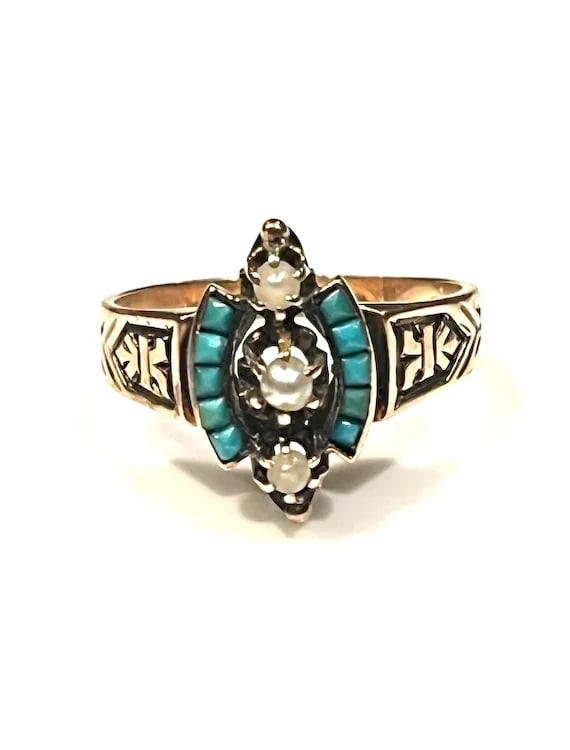 Antique Victorian 14k Rose Gold Seed Peal and Turquoise Statement Ring - 3