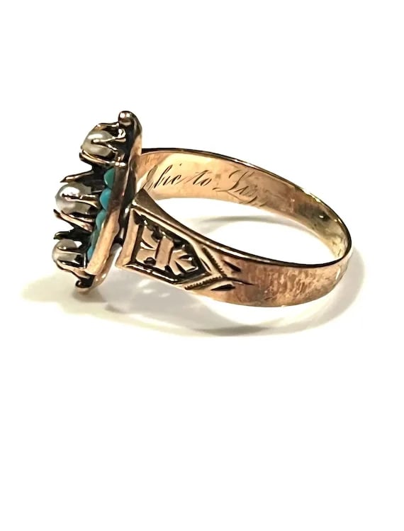Antique Victorian 14k Rose Gold Seed Peal and Turquoise Statement Ring - 4