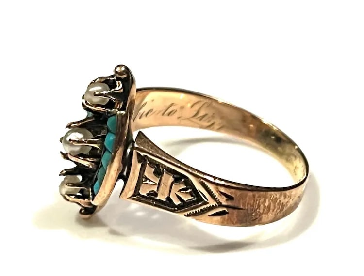 Antique Victorian 14k Rose Gold Seed Peal and Turquoise Statement Ring - 5