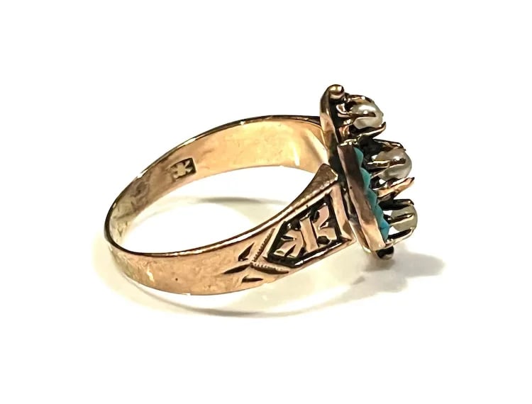 Antique Victorian 14k Rose Gold Seed Peal and Turquoise Statement Ring - 7