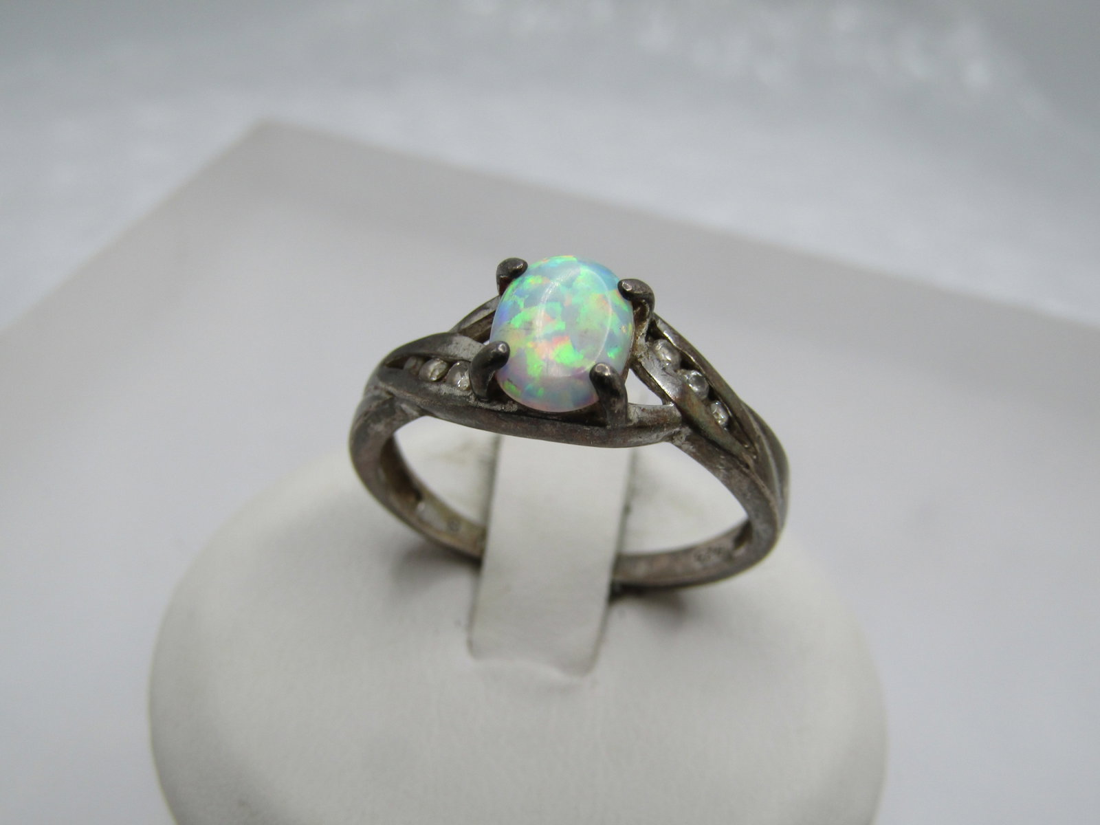 Vintage Sterling Created Opal and CZ Ring, Sz. 8.75, Signed RJ - 2