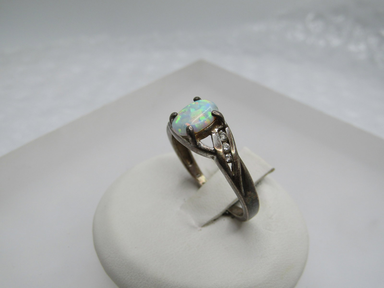 Vintage Sterling Created Opal and CZ Ring, Sz. 8.75, Signed RJ - 3