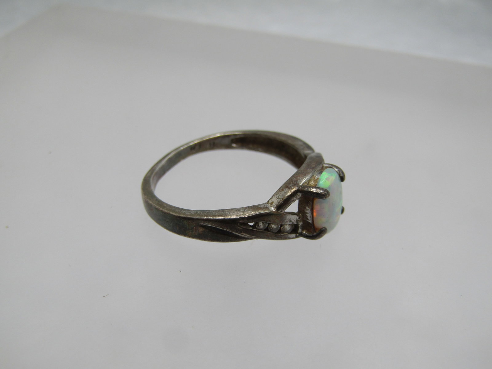 Vintage Sterling Created Opal and CZ Ring, Sz. 8.75, Signed RJ - 5
