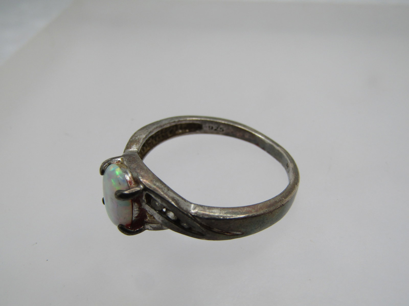 Vintage Sterling Created Opal and CZ Ring, Sz. 8.75, Signed RJ - 6