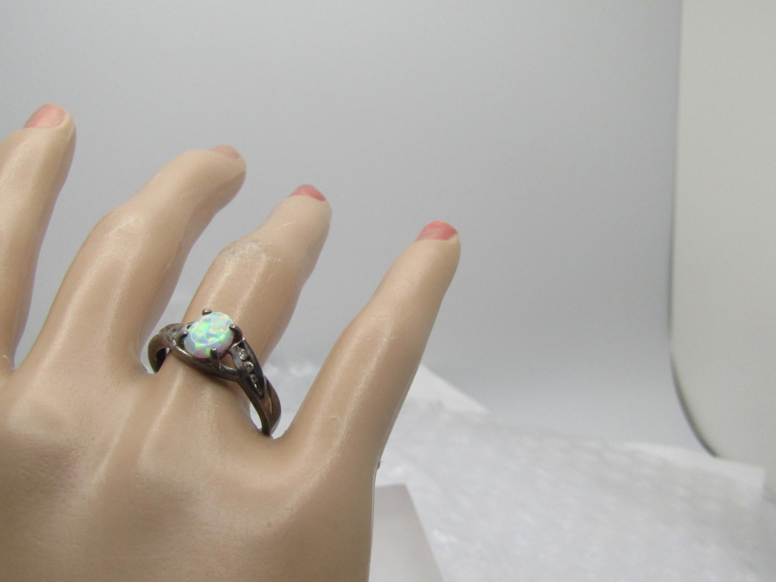 Vintage Sterling Created Opal and CZ Ring, Sz. 8.75, Signed RJ - 7