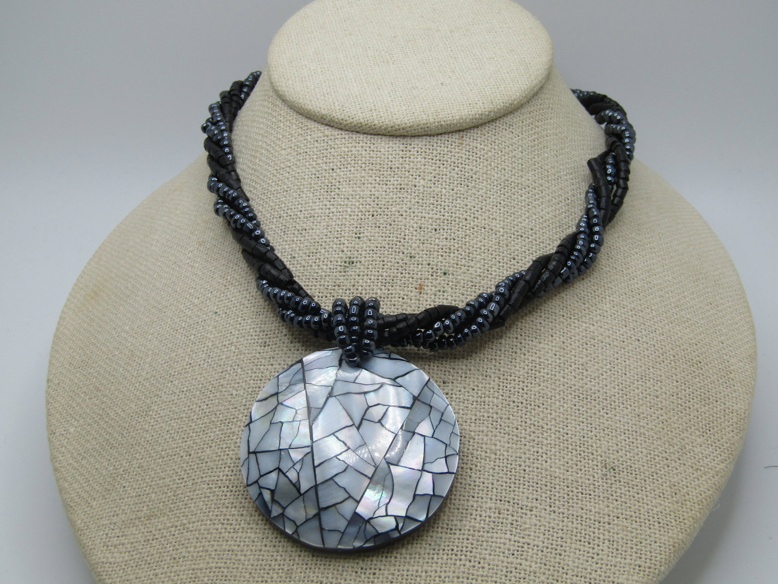 Vintage Twisted Four Strand Beaded Necklace, MOP Pendant, 21" - 2