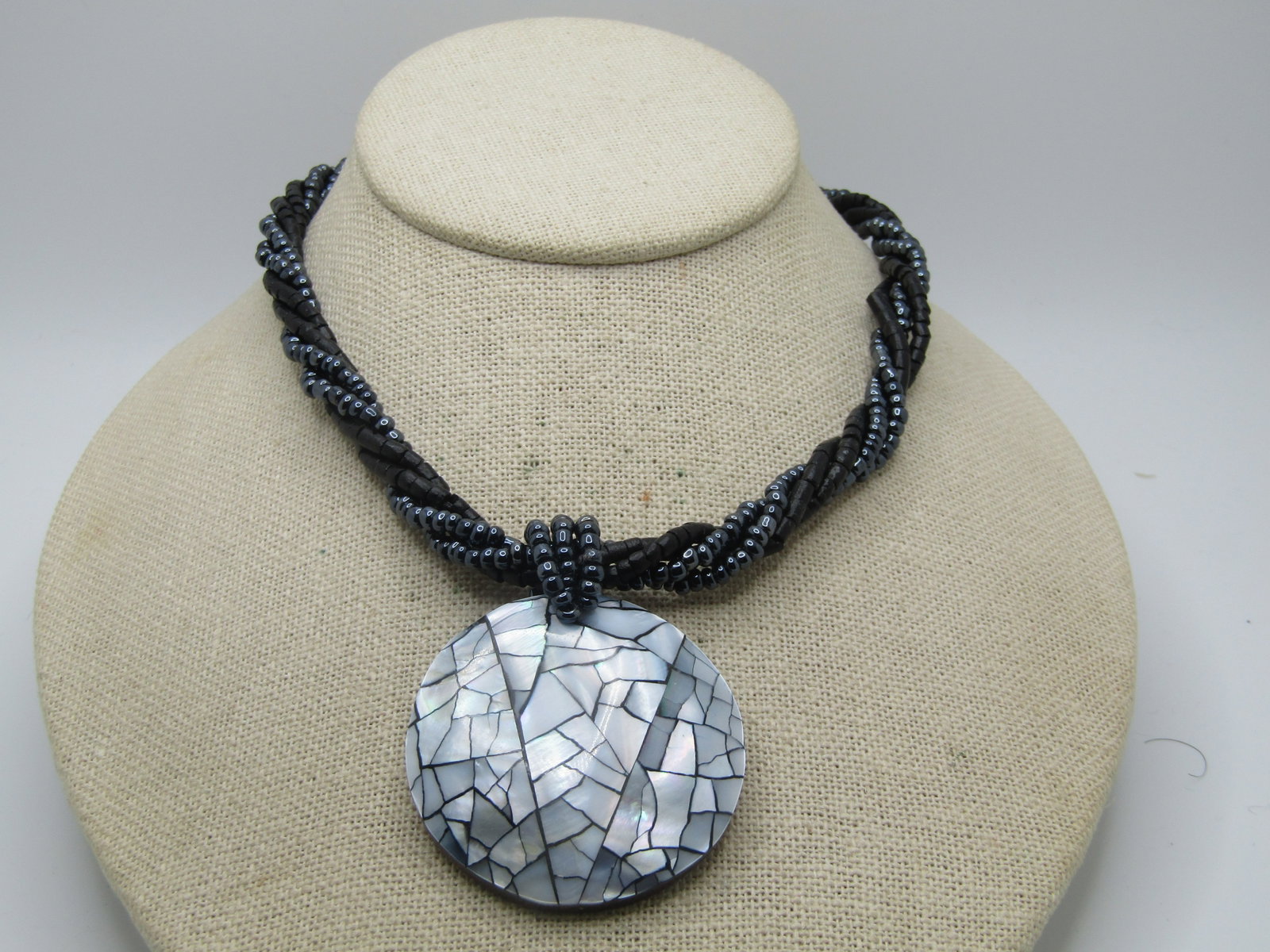 Vintage Twisted Four Strand Beaded Necklace, MOP Pendant, 21" - 3
