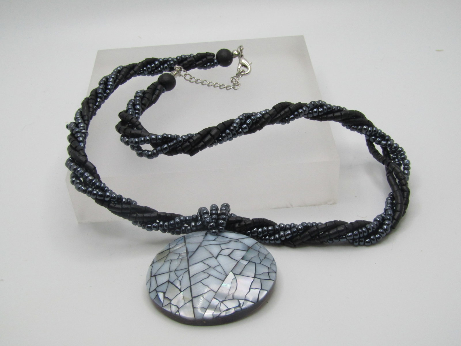 Vintage Twisted Four Strand Beaded Necklace, MOP Pendant, 21" - 6