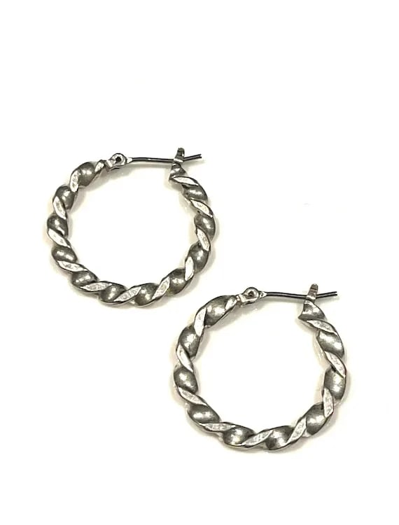 Vintage Silver Twisted Hoop Earrings - 2