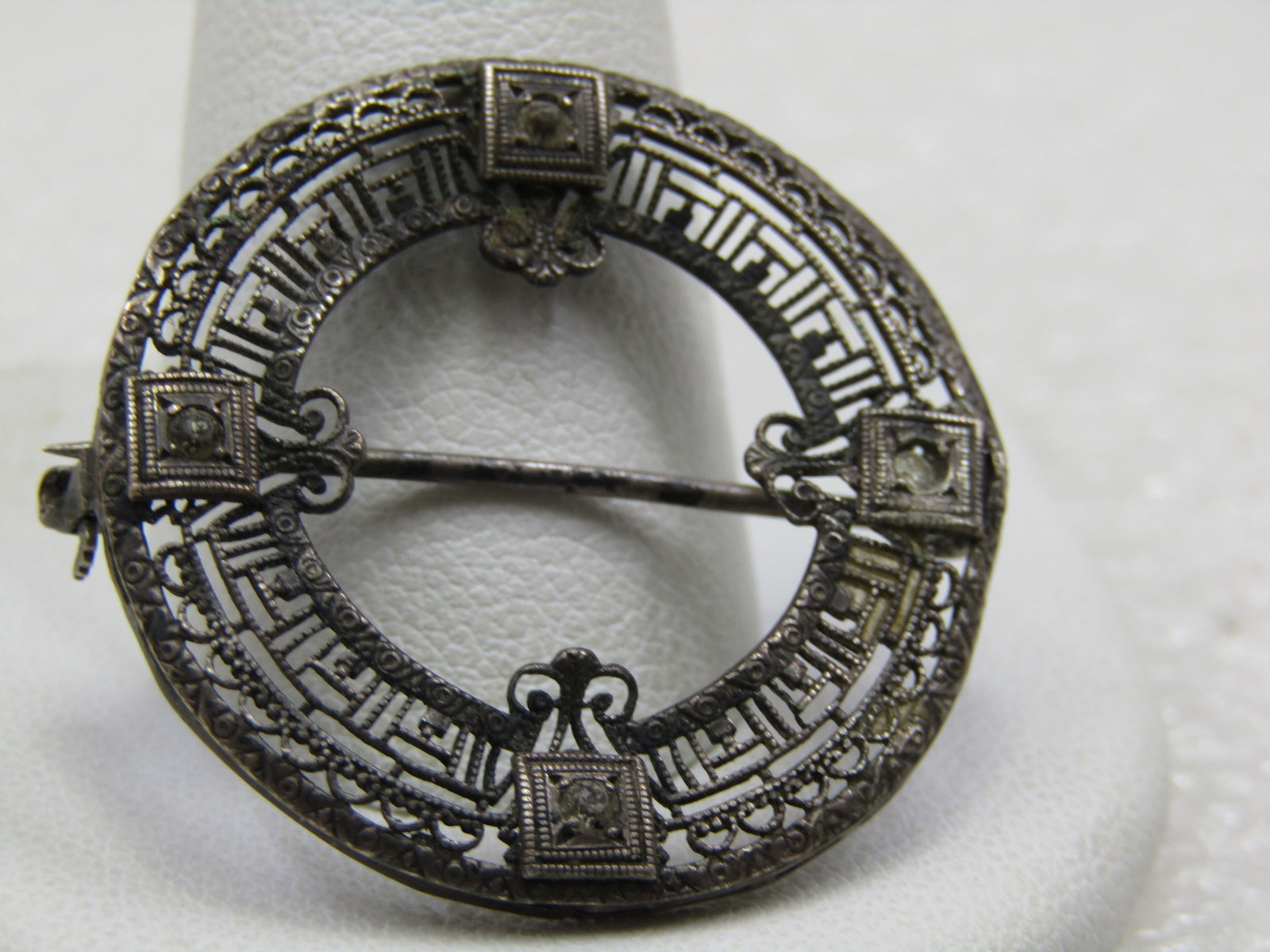 Vintage Art Deco Sterling Filigree Circle Brooch, Rhinestone Accents, 1-1/8" - 2