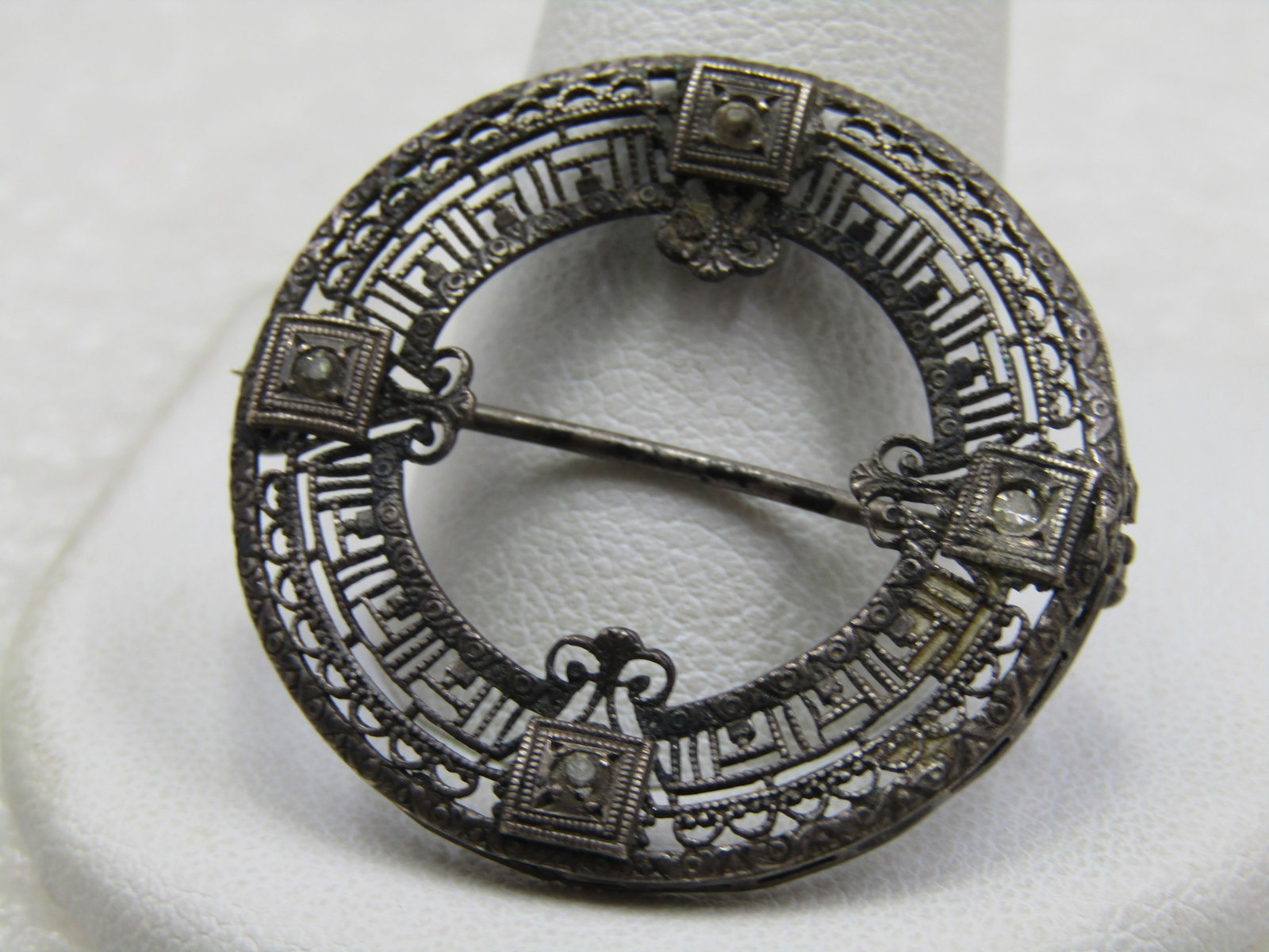 Vintage Art Deco Sterling Filigree Circle Brooch, Rhinestone Accents, 1-1/8" - 3