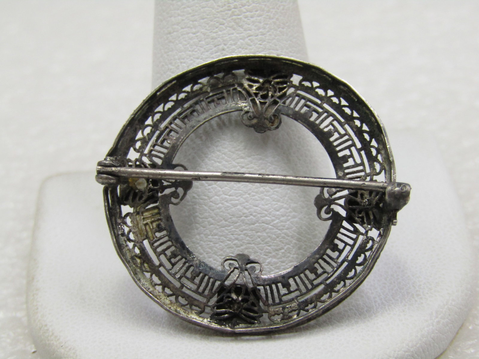 Vintage Art Deco Sterling Filigree Circle Brooch, Rhinestone Accents, 1-1/8" - 4