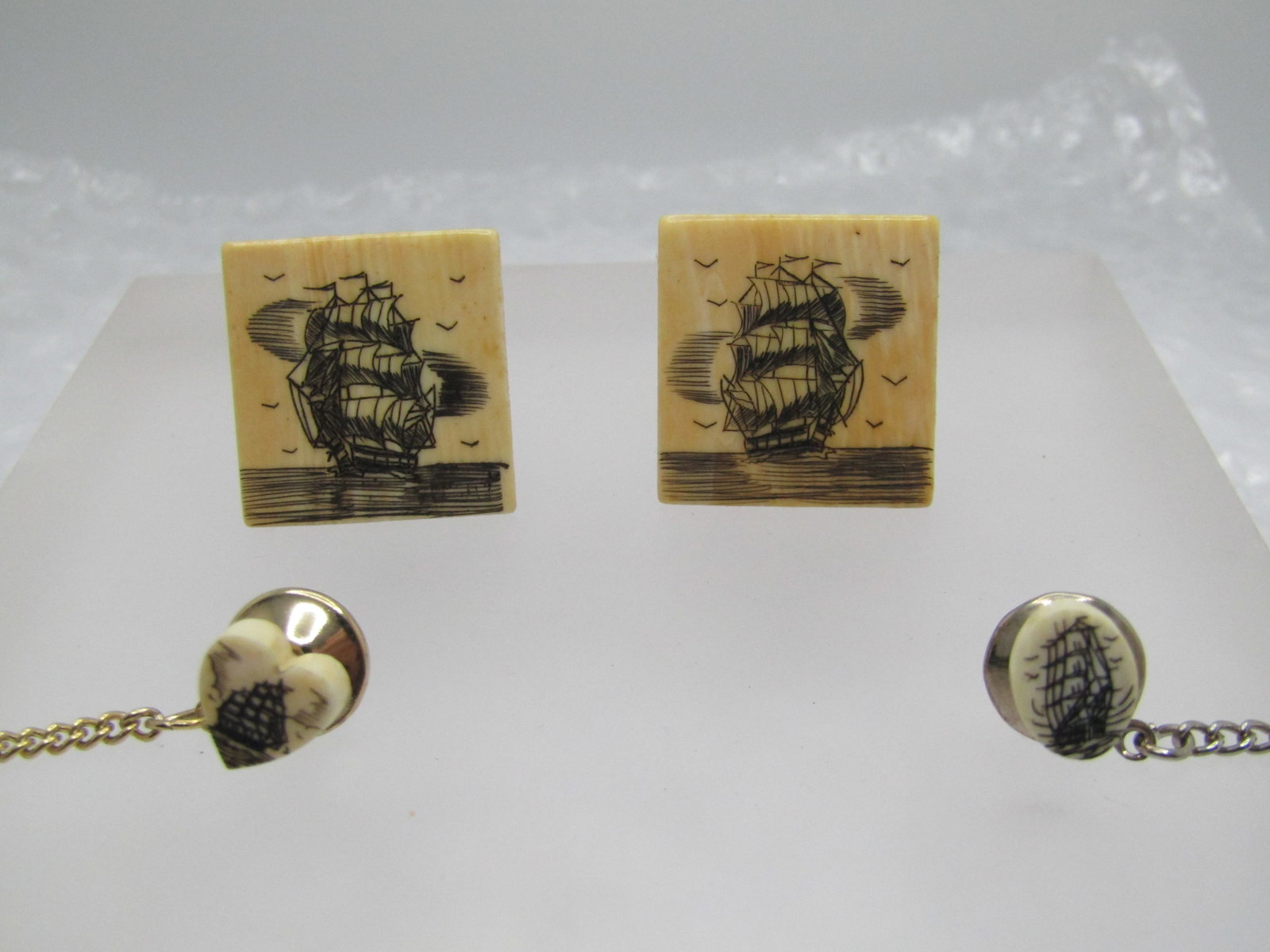 Vintage Tall Ship Scrimshaw Cufflinks and Tie Tacks, Scrimshaw Workshop, LTD - 2