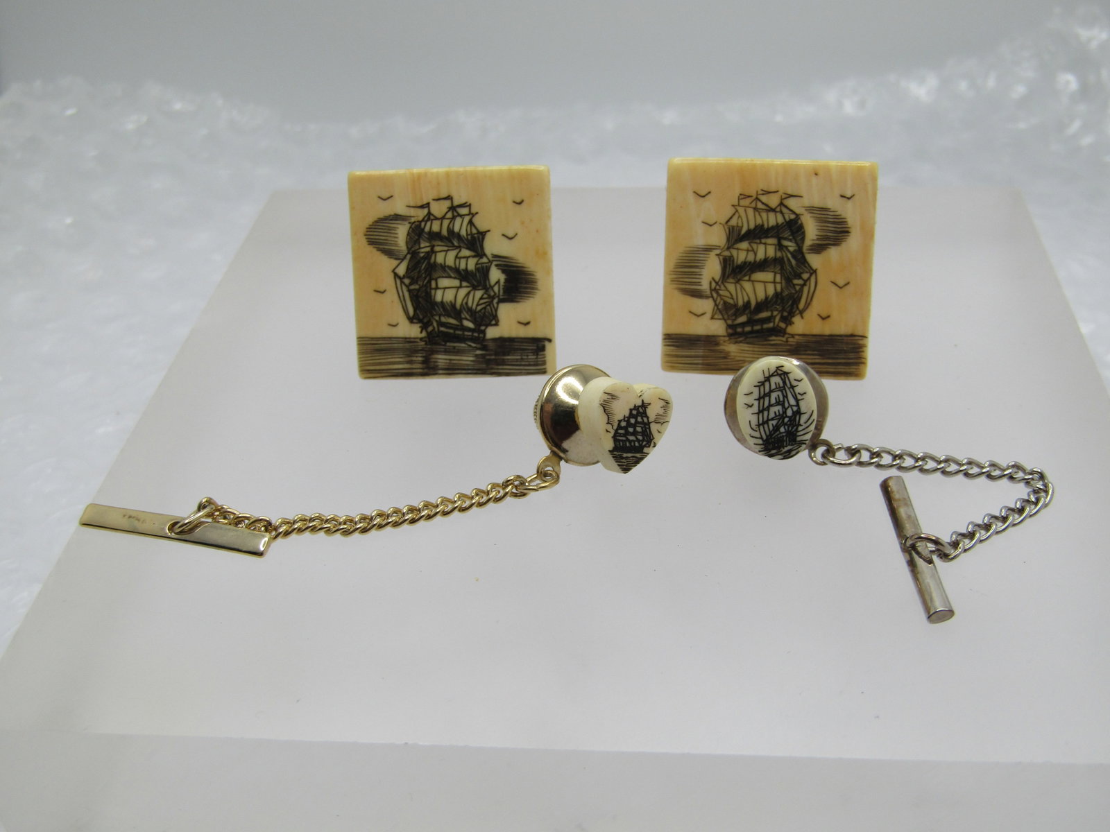Vintage Tall Ship Scrimshaw Cufflinks and Tie Tacks, Scrimshaw Workshop, LTD - 3