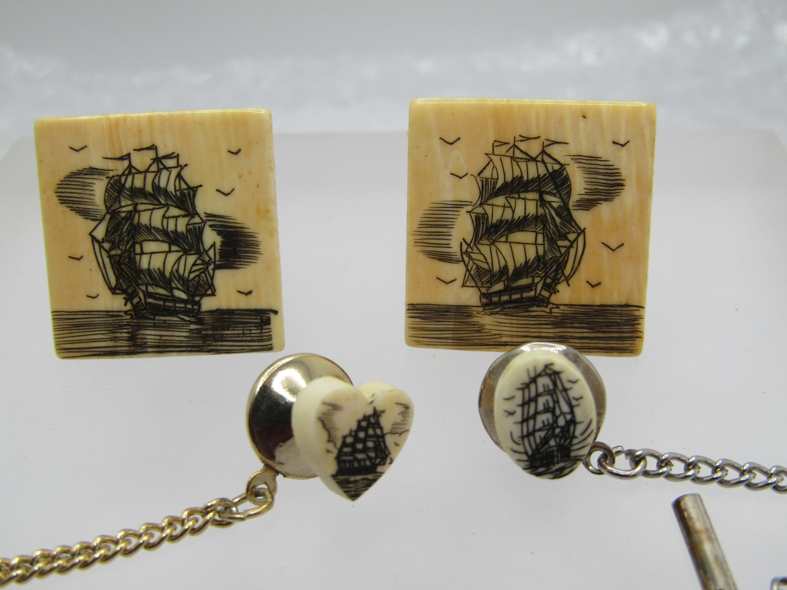 Vintage Tall Ship Scrimshaw Cufflinks and Tie Tacks, Scrimshaw Workshop, LTD - 4