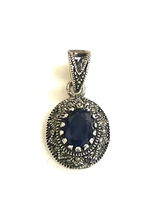 Vintage Sterling Silver Marcasite Deep Blue Stone Pendant - 2