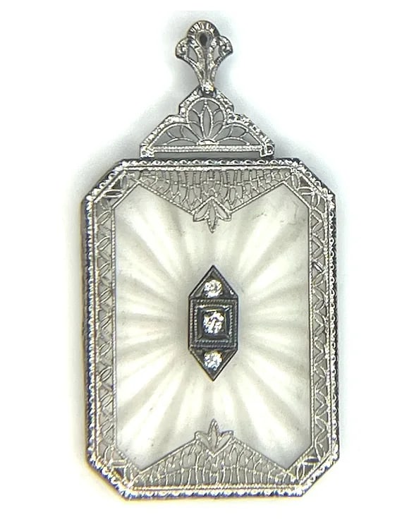 Vintage 10k Gold Exquisite Filigree Pendant with Diamond and Etched Crystal Cut Background - 2