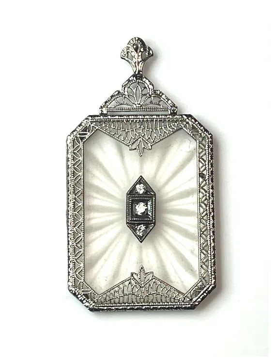 Vintage 10k Gold Exquisite Filigree Pendant with Diamond and Etched Crystal Cut Background - 3