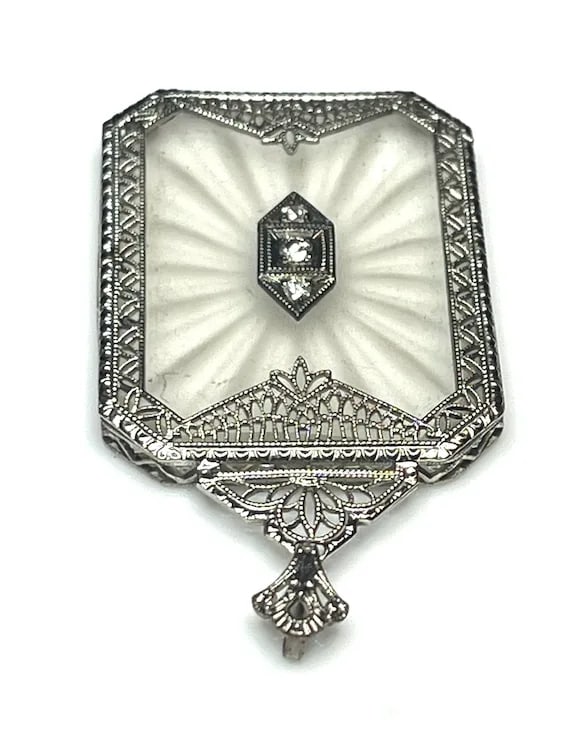 Vintage 10k Gold Exquisite Filigree Pendant with Diamond and Etched Crystal Cut Background - 4