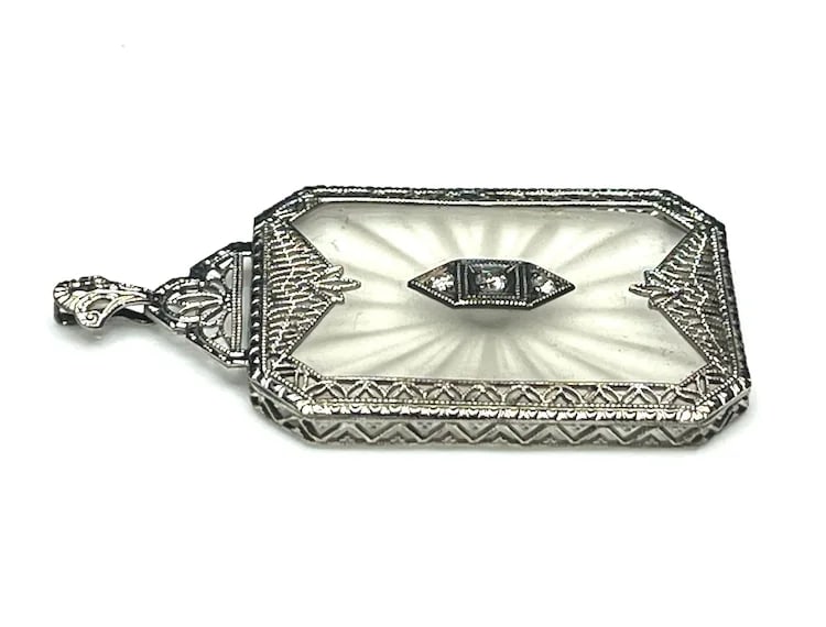 Vintage 10k Gold Exquisite Filigree Pendant with Diamond and Etched Crystal Cut Background - 5
