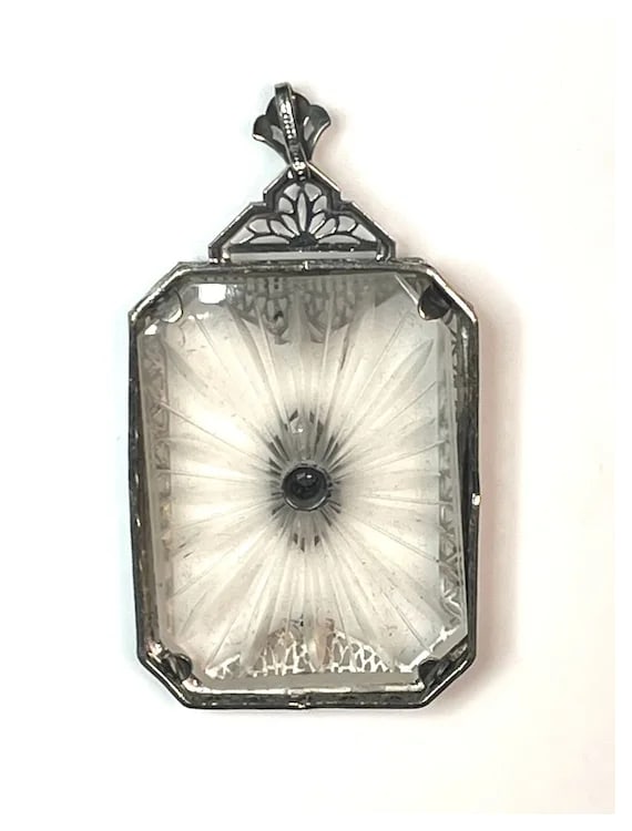 Vintage 10k Gold Exquisite Filigree Pendant with Diamond and Etched Crystal Cut Background - 7