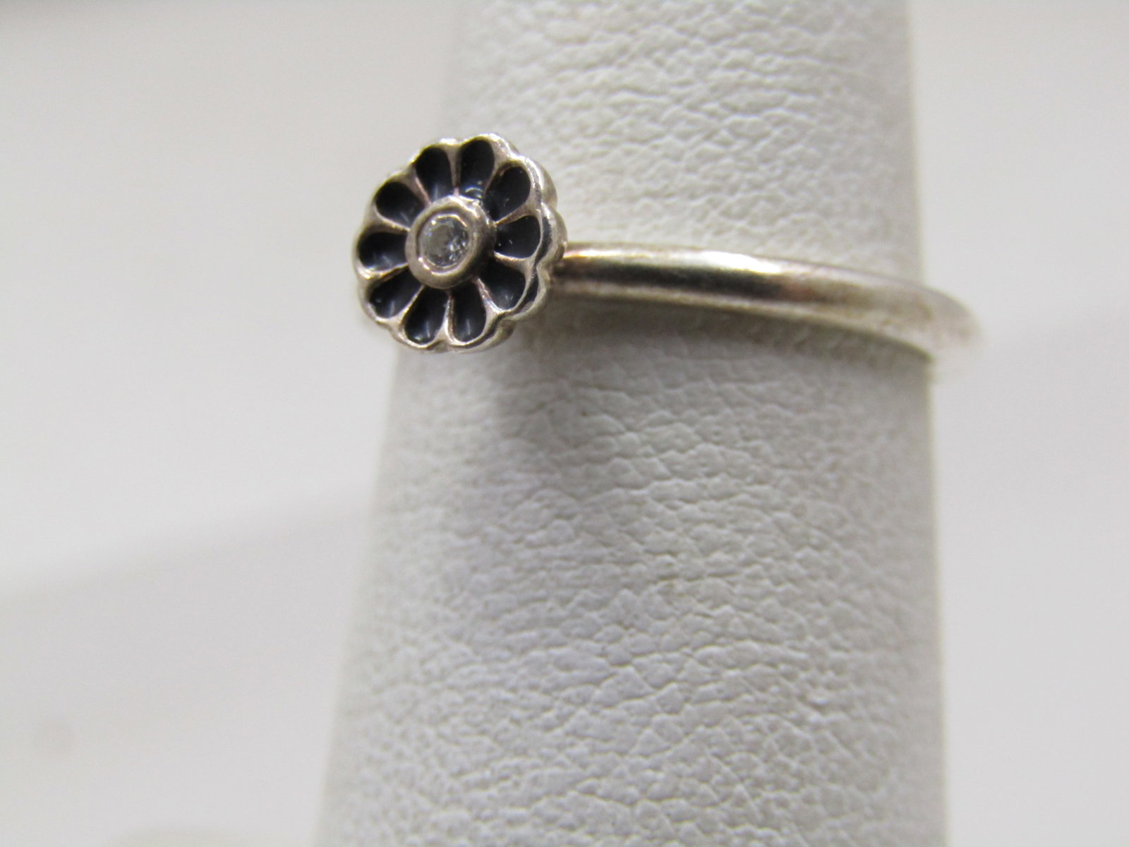 Vintage Sterling Enameled CZ Blossom Ring, Sz. 5.5, Signed - 3