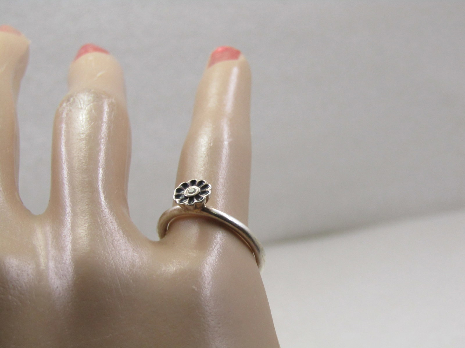 Vintage Sterling Enameled CZ Blossom Ring, Sz. 5.5, Signed - 9